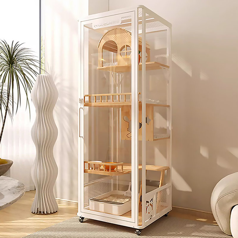 Maison pour chat panoramique en verre ultra-transparent à cinq couches avec lumières