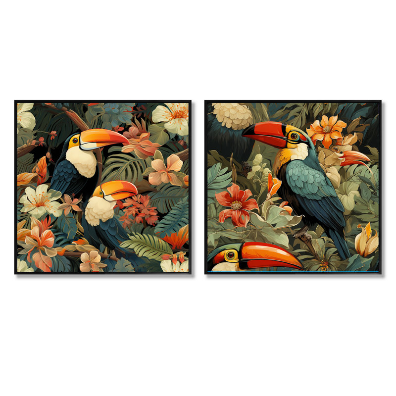 Toucan tapisserie motif tropical - ensemble de 2 collages carrés tropicaux, Cadre flottant noir, H 16 po x l 33 po