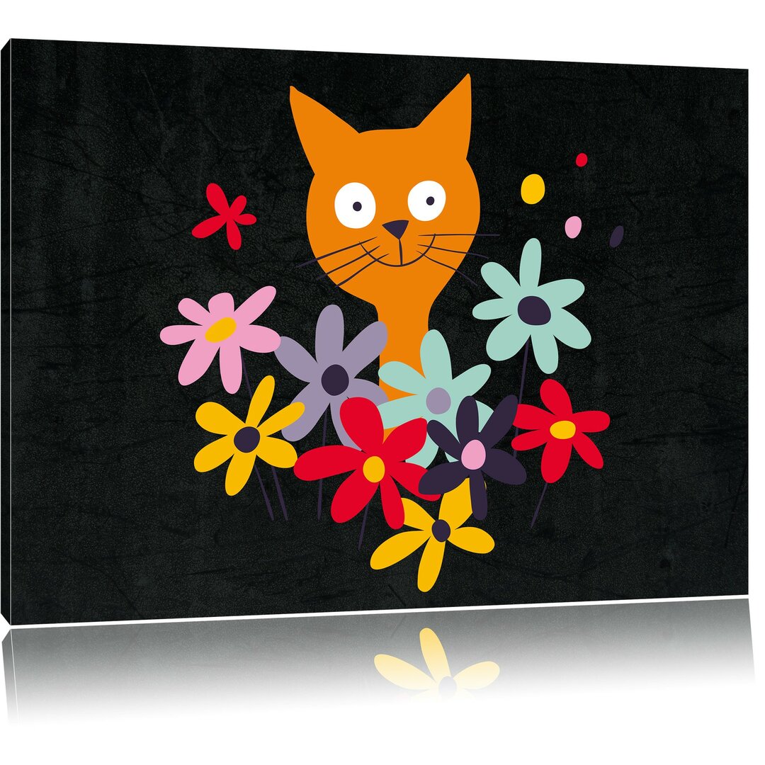 Leinwandbild Fröhliche Katze mit Blumen