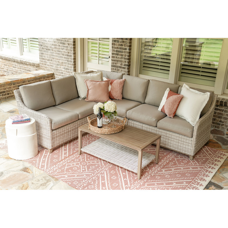 Ensemble de conversation modulaire en osier avec coussins 5 pièces, Brun clair