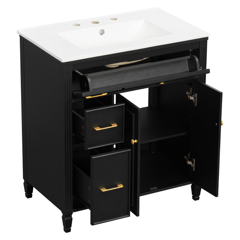 Meuble-lavabo autoportant de 76 cm (30 po) avec lavabo en céramique, porte à fermeture amortie, tiroir basculant, noir, Noir