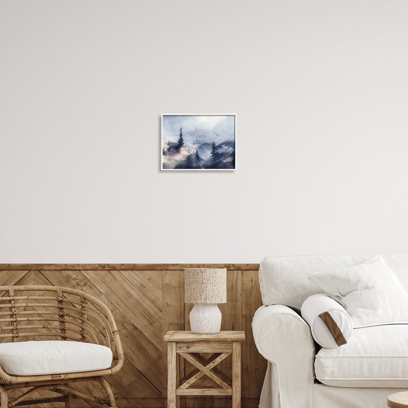 Peinture d'oiseaux sur une scène de montagne sur toile, H 11 po x l 14 po x P 1,5 po, Giclée encadrée blanc bord de mer