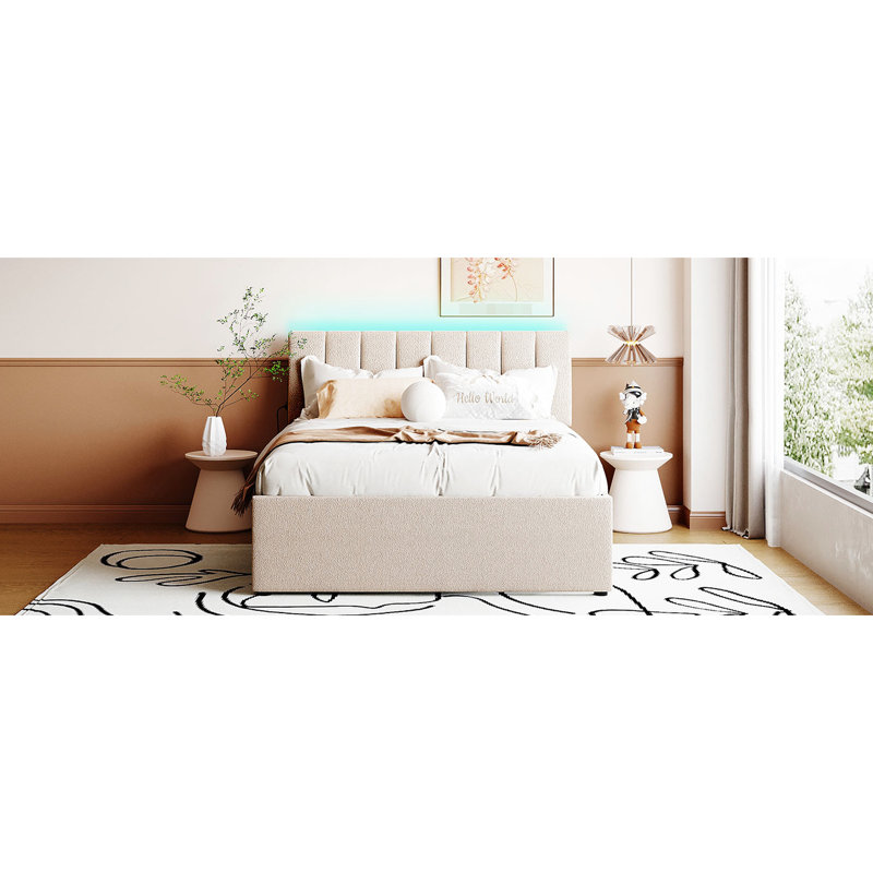 Lit plateforme tapissier avec lumières à DEL et rangement supplémentaire en beige - Maximisez la fonctionnalité de la chambre à coucher