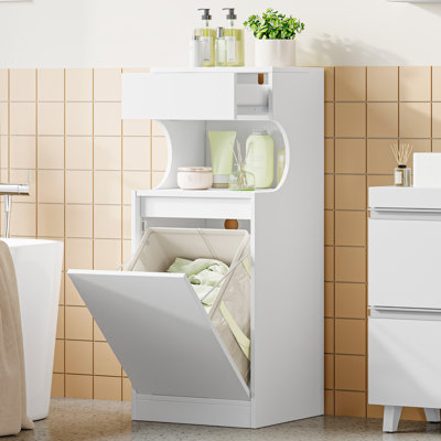Bathroom Cabinet with Laundry Basket, Slim Narrow Laundry Cabinet with Drawer and Removable Hamper, Storage Cabinet Unit for Bathroom, 40 x 40 x 100 cm, White 
