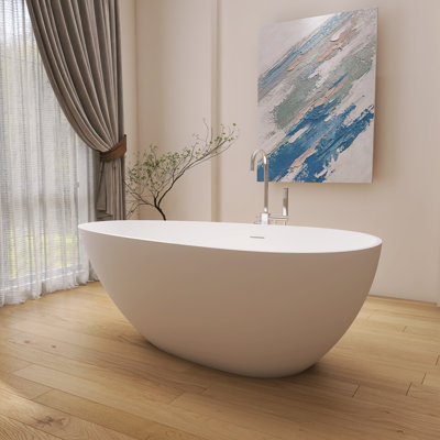59" Freestanding Tub Solid Surface Stone Resin Soaking Bathtub Egg Shape In White