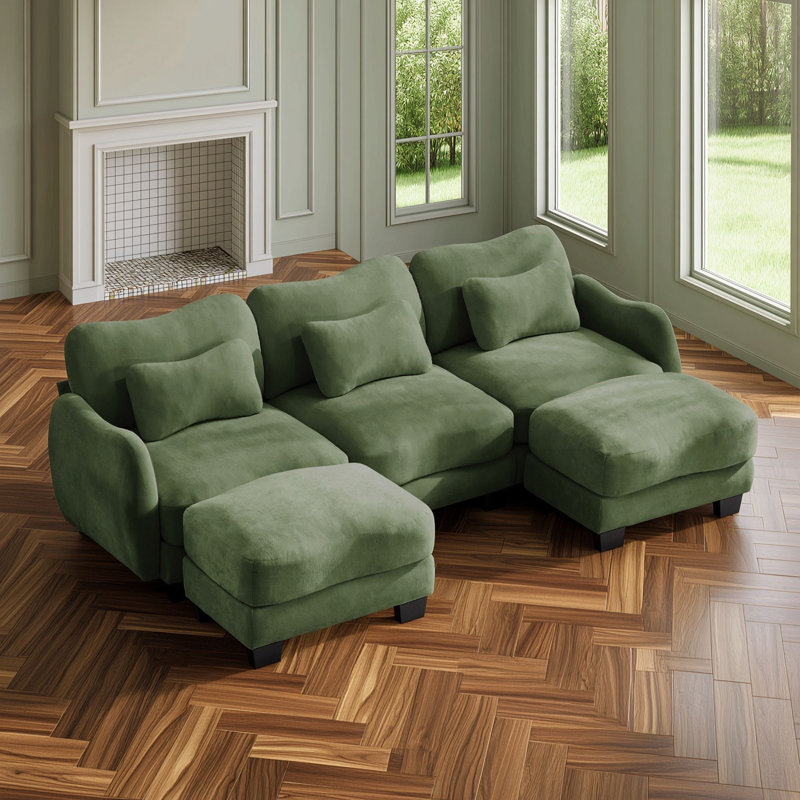 Canapé d'angle modulaire 3 places en chenille en forme de U avec poufs et coussins, Vert