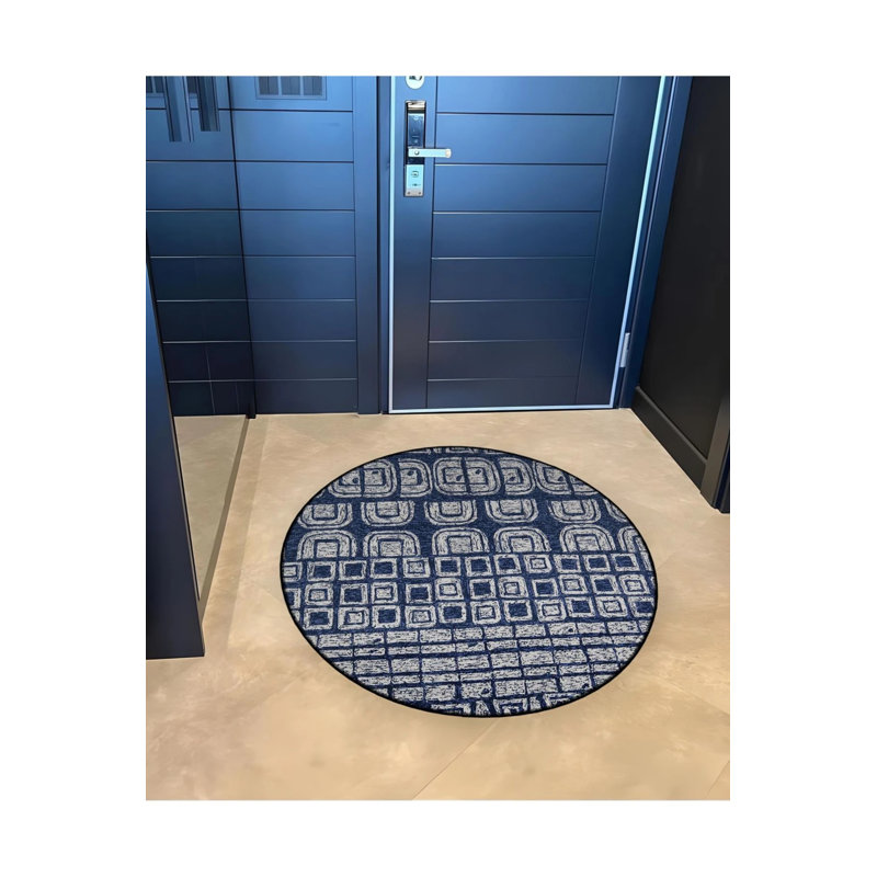 Navy Blue Themed Geometric Patterned Round Woven Base Modern Decorative Carpet, Round 4'