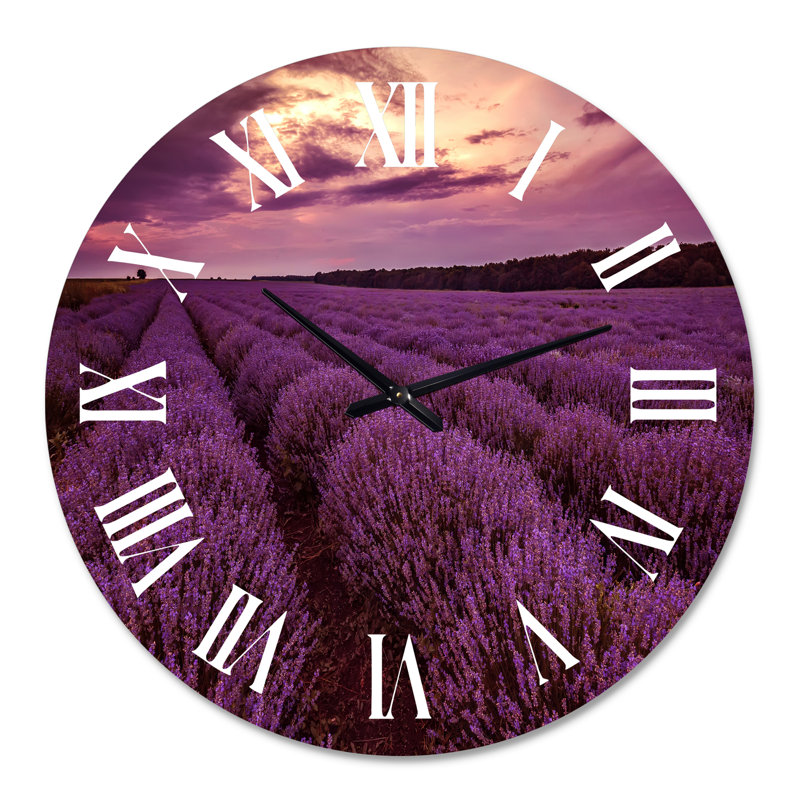 Sunrise & Dramatic Clouds Over Lavender Field III - Horloge murale, 29" H x 29" W x 1" D