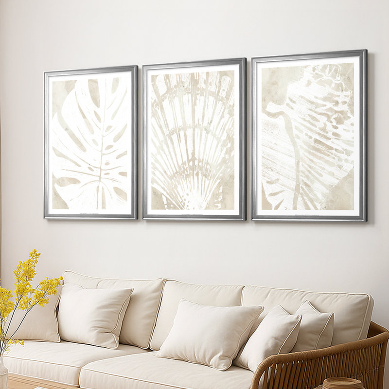 Lin tropical silhouette I - Toile tendue avec châssis sur mesure - 3 pièces, Argent argent, H 39 po x l 81 po