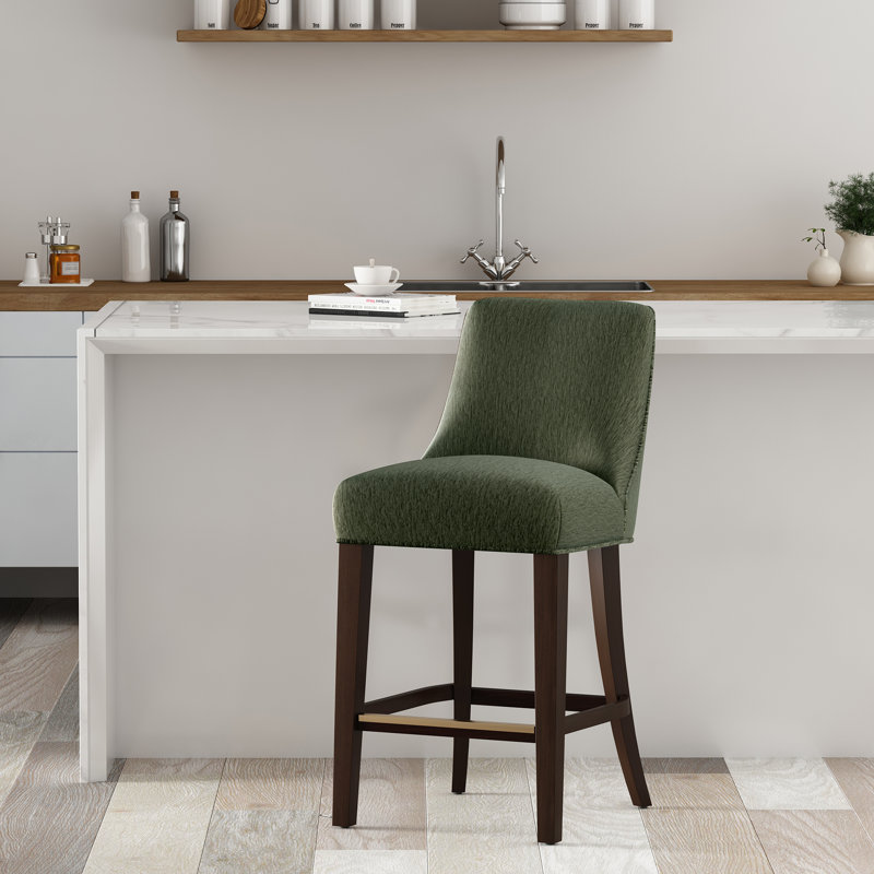 Beever Modern Chenille Upholstered Rubberwood Bar Stool, Bar Stool (32.7" Seat Height), Forest Green
