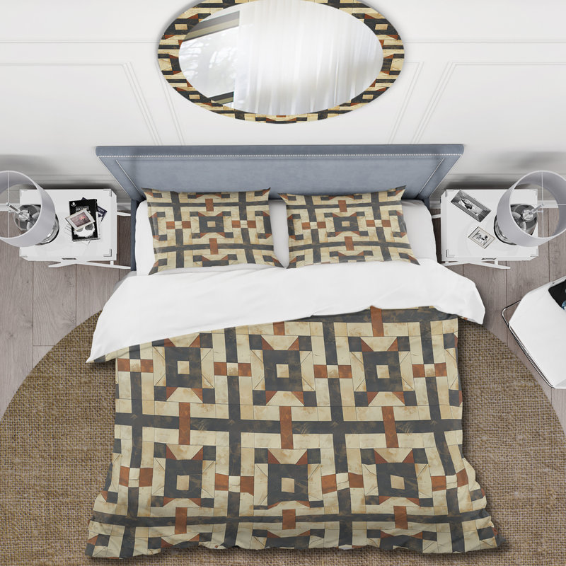 Ensemble de housse de couette brun et beige Midcentury Tile Maze I - Midcentury