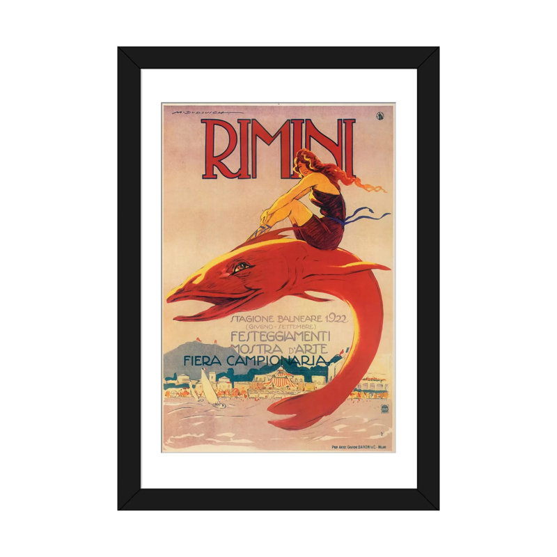 « rimini », affiche rétro sur toile, H 24 po x l 16 po x P 1 po, Papier d'art encadré noir, Blanc