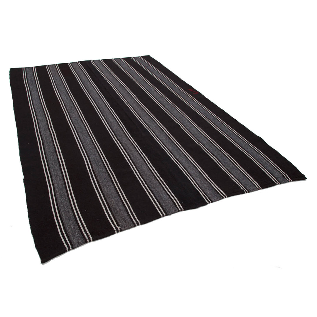 Striped Kilim Black Striped Wool Handmade Area Rug