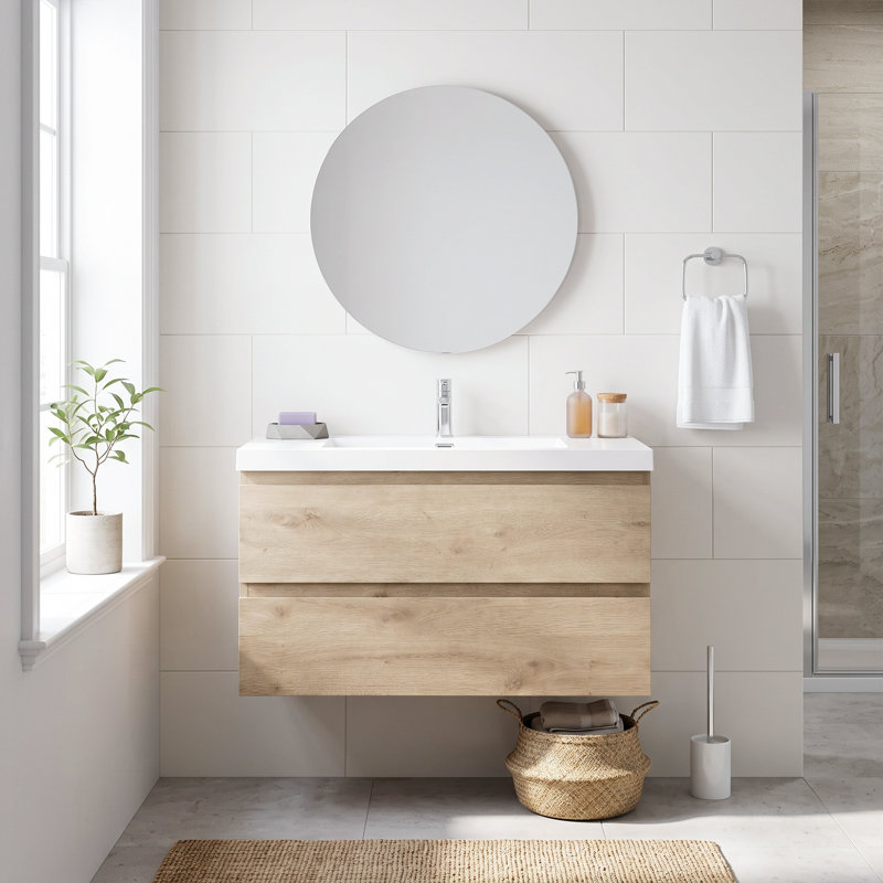 Meuble-lavabo suspendu de 91 cm (36 po) avec lavabo intégré en résine et carbonate de calcium, quincaillerie à fermeture amortie, découpes en forme de U, entièrement assemblé