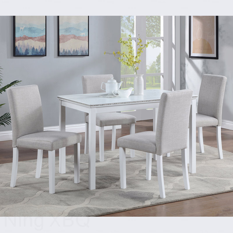 Ensemble de salle à manger 5 pièces en bois: table rectangulaire et 4 chaises rembourrées, décoration en cristal, Gris clair