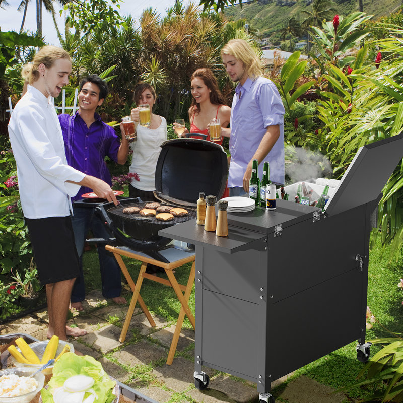 Matte Grey Patio Rolling Cooler With Side Table Boards And Cupboard Function