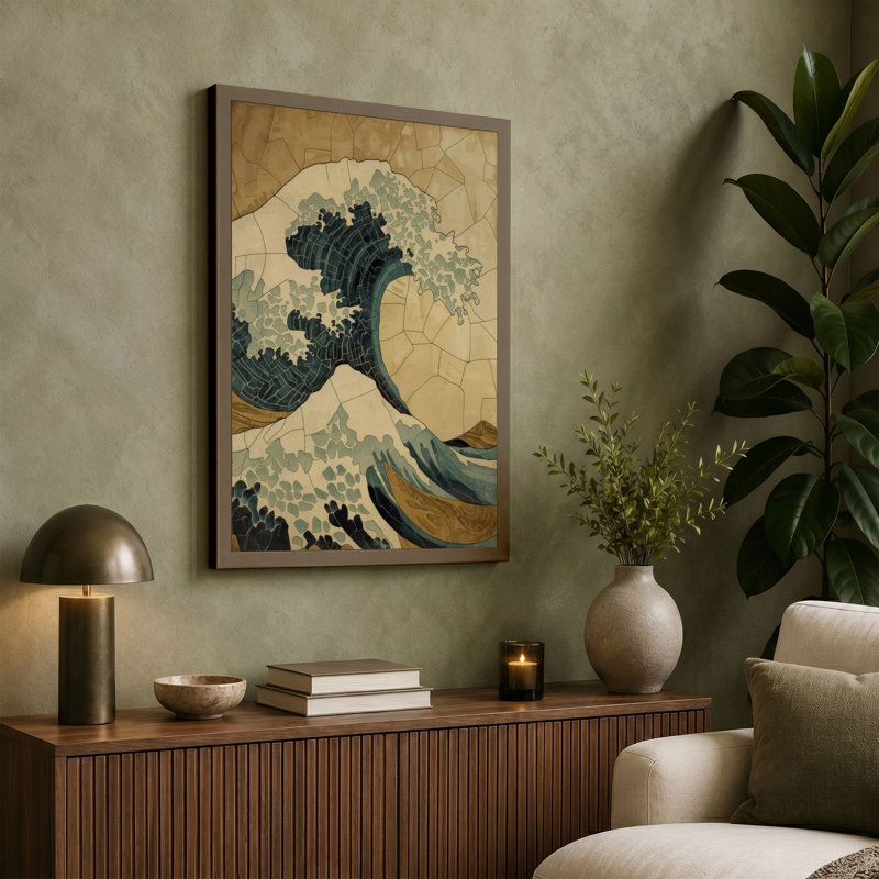 Great Wave in Blue Japandi - Wrapped Canvas, 30x20 - 76.2 x 50.8 cm, Cream Border