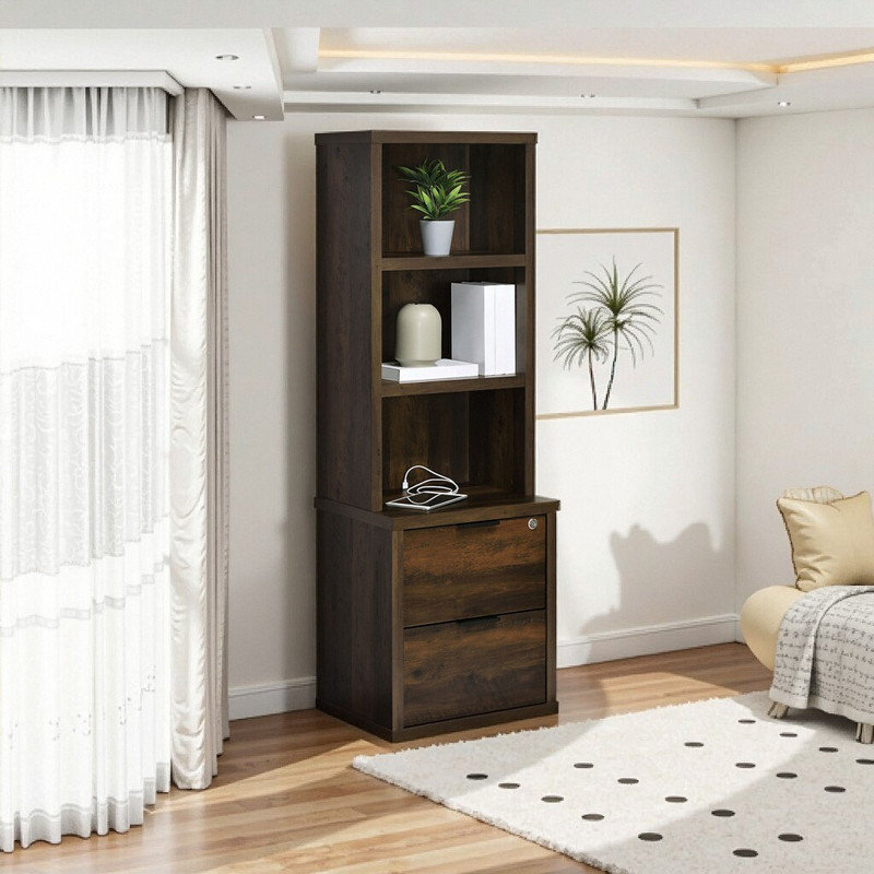 Lockable Drawer Bookcase With USB Charging Three Open Shelves Storage Cabinet, Dark Brown 
