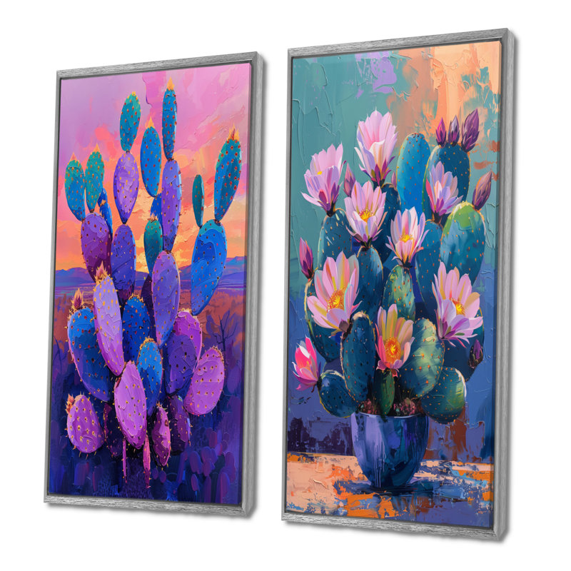 Cactus mauve et bleu, coucher de soleil Vibes I - ensemble de 2 pièces de cactus floral, H 28 po x l 24 po, Argent argent