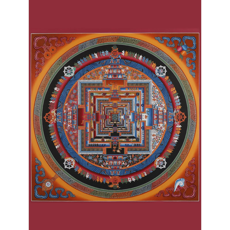 Mandala à roue Kalachakra avec bordure décorative - Grand carré Thangka tibétain peint à la main avec des accents en or 24 carats, art de la méditation géométrique sacrée complète 31,5 po x 31,5 po