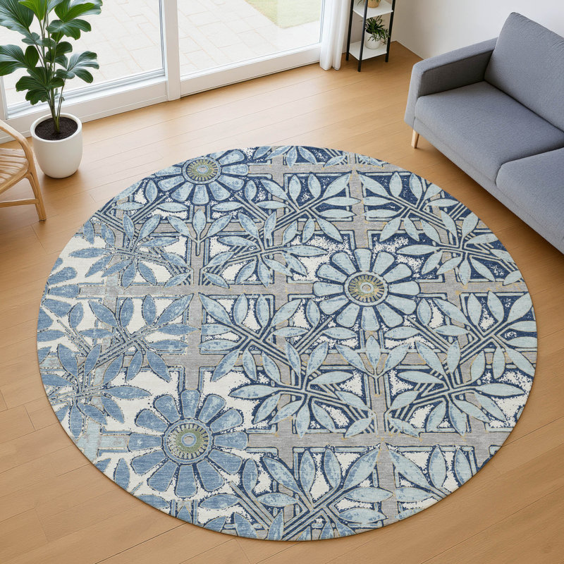 Machine Washable Indoor/Outdoor Chantille ACN2775 Floral Rug, Sky, 8' Round