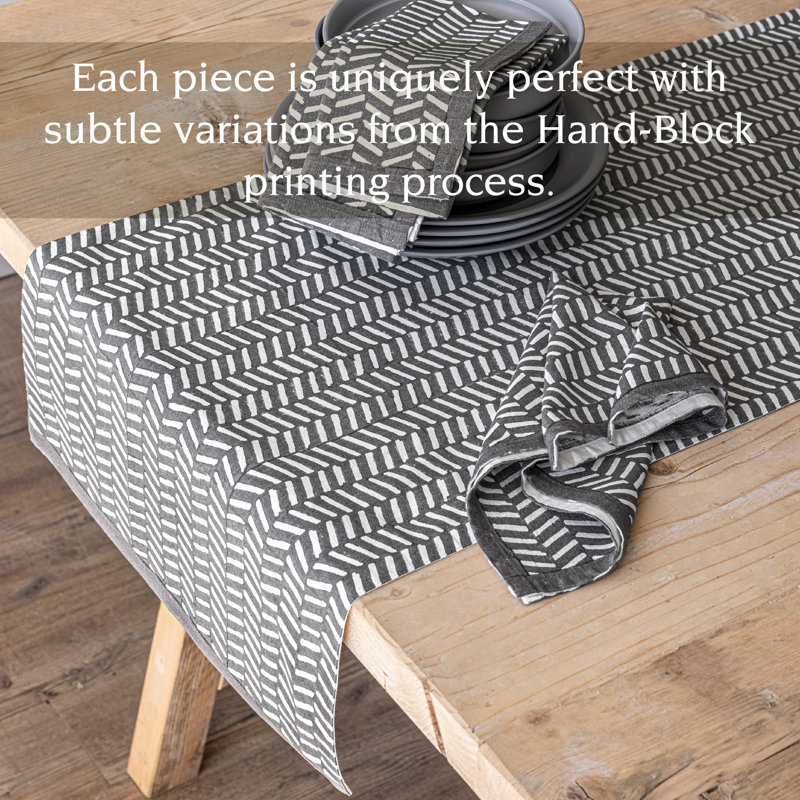 Grey Herringbone Hand-Blocked Cotton Table Runner 18" x 90"