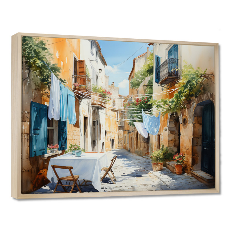 Jour de lessive en Italie I - Art mural, H 24 po x l 32 po x P 1 po, Maple Floater Framed