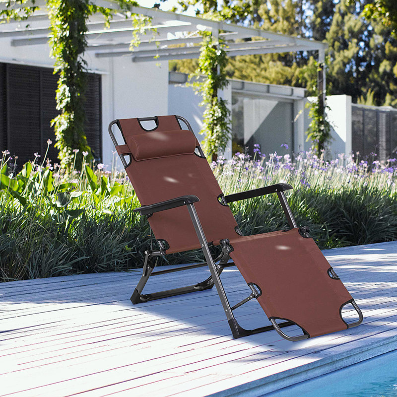Chaise longue pliante avec coussin et poche, Brun
