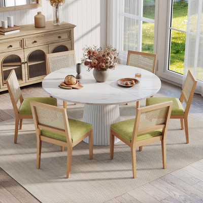 Round Pedestal Dining Table Set with 4-6 Rattan Back Dining Chairs, Farmhouse Dining Table Set with Chenille Upholstered Chairs & Solid Wood Legs for 4-6