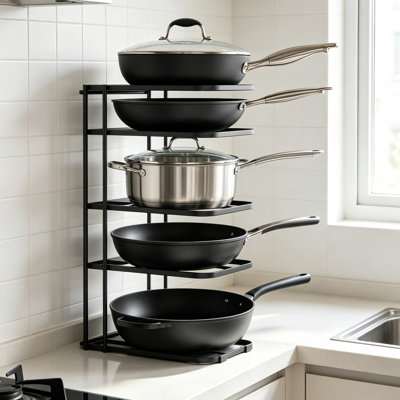Pots and Pans Organizer Under Cabinet, 5-Tier Pan Organizer for Baking Pan Cast Iron Skillets No Assembly