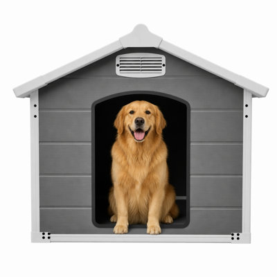 Grande niche pour chien 50,5 po imperméable et résistante aux rayons UV, à double paroi en PP, évents avant et arrière, gris ciment