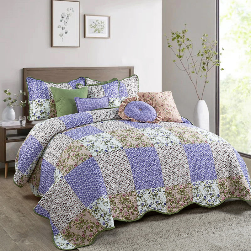 8 Piece Patchwork Bedspread Set, Queen Quilt + 4 Shams + 3 Throw Pillows, Pink