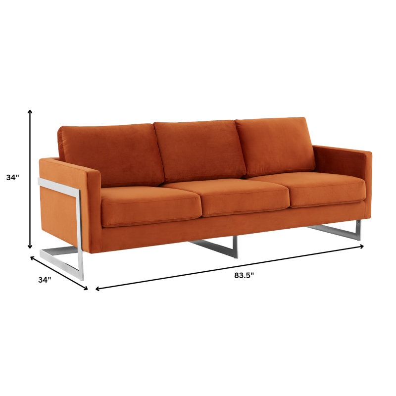 Elegant Velvet & Wood Sofa in Orange Marmalade with Gold Steel Legs