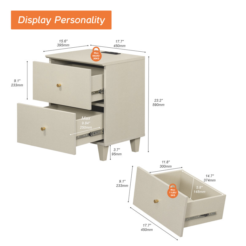 Cabriano 17.7'' W Nightstand, Set of 2, Beige