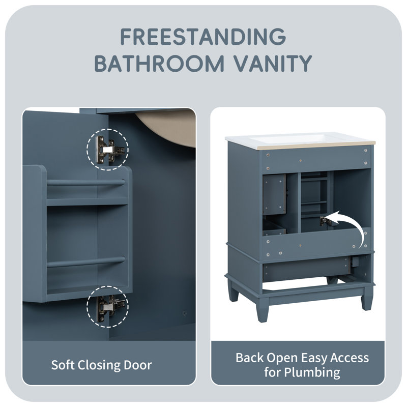 24"W Freestanding Bathroom Single Vanity with Ceramic Sink Top, Soft-Close Hinges and Drawers, Gray Blue, Silver