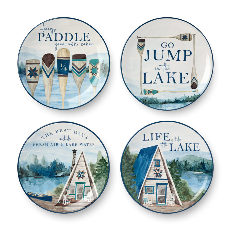Ensemble de 4 assiettes à dessert Wake at the Lake, 4 pièces, décorations inspirées du bord du lac avec des scènes d'eau et des cabines, grès durable, va au lave-vaisselle, vaisselle charmante pour les desserts, les collations et les hors-d'œuvre
