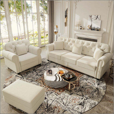 Canapé Chesterfield rembourré en velours avec garniture cloutée et accoudoirs roulés, canapé de style Mid-Century moderne capitonné, comprenant 1 repose-pieds