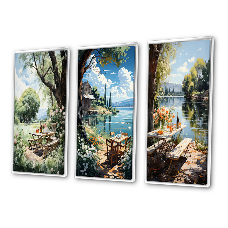 «Food Picnics Tranquil Retreat», ensemble de 3 pièces sur toile, Cadre blanc, H 32 po x l 48 po