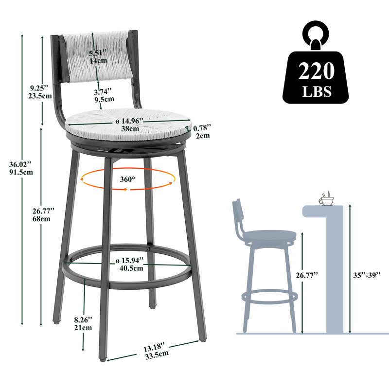 2 chaises de comptoir blanc crème, structure en métal avec structure, siège en corde de papier tissé à la main, pour tabourets de bar de chambre à coucher, de 2, et conception ergonomique,