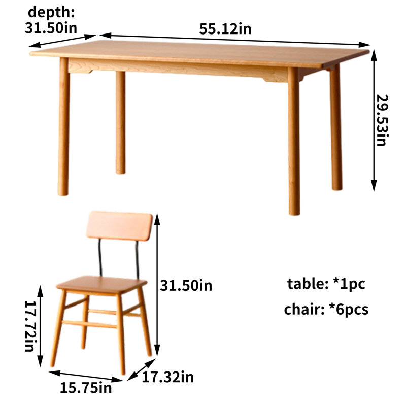 Minimalist Solid Cherry Wood Dining Table Set, 29.53"H x 55.12"L x 31.5"W