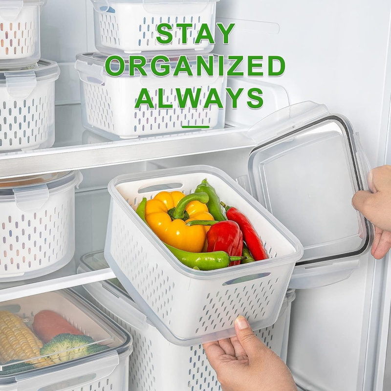 4 PCS Fruit Storage Containers for Fridge with Removable Colander