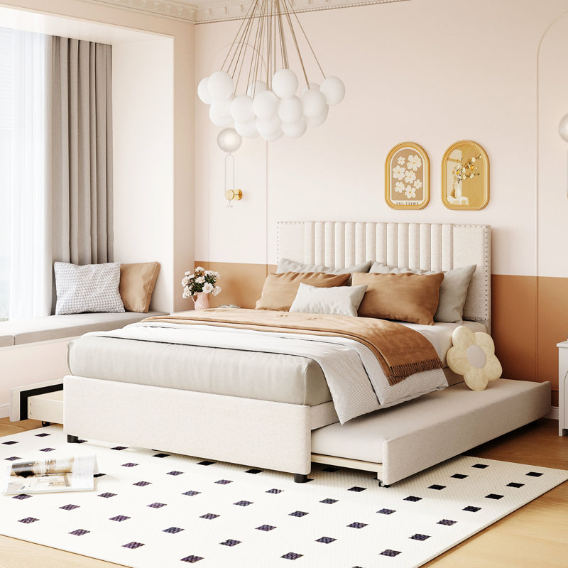 Lit plateforme tapissier beige avec 2 tiroirs et lit gigogne simple, tête de lit classique, structure en contreplaqué, espace de rangement amélioré, assemblage sans effort en beige, structure en bois massif, maximisation