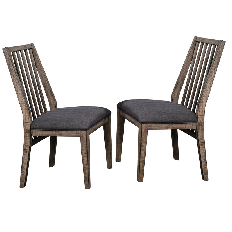 2Pc Wooden Side Chairs - Brown Wood Frame Grey Fabric Padded Seats For Dining Room Of 2 Rustic Industrial Style