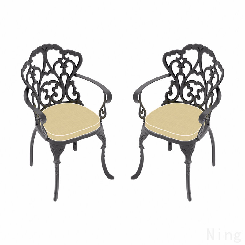 Chaise de patio en fonte d'aluminium 2 pièces avec structure noire et coussins beiges, 2