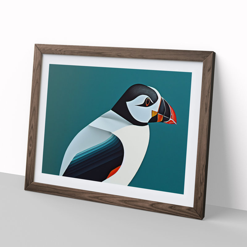 Magnificent Puffin Bird - Single Picture Frame Painting, 25cm H x 34cm W x 2cm D, Walnut