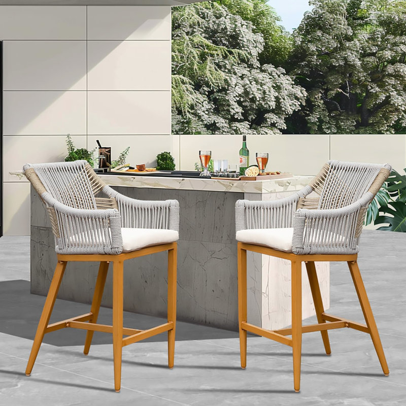 2 tabourets de comptoir d'extérieur - Fabrication en aluminium, corde, coussin kaki pour le jardin, la piscine, les sièges de patio avec accoudoirs et coussin confortable, patio, cuisine, kaki, dossier carré