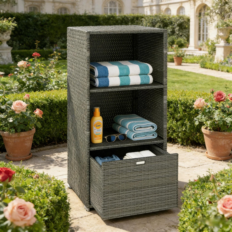 Support de rangement pour serviettes de piscine en rotin à 2 niveaux avec tiroir coulissant, organisateur de spa résistant à l'eau pour spa, plage, terrasse et salle de bain