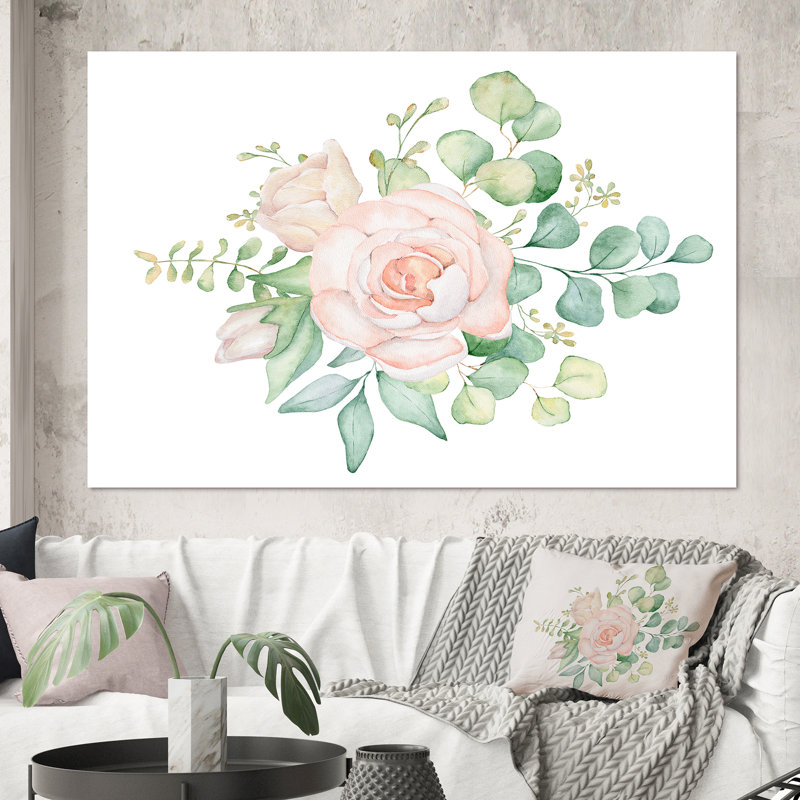Bouquet de fleurs de rose et d'eucalyptus - Peinture sur toile, H 40 po x l 60 po x P 1,5 po, Toile tendue