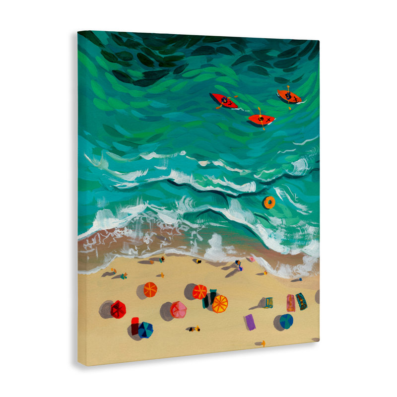 Trois kayaks dans une toile à vagues turquoise, design par Brook Page, H 30 po x l 24 po