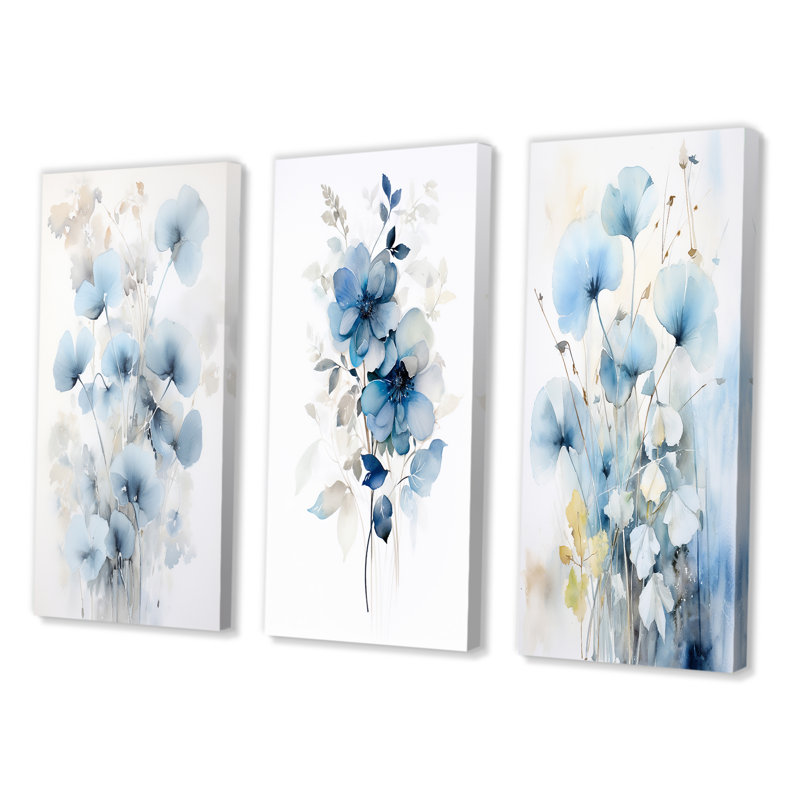«Tender Ginko Leaves In Blue Shades», 3 pièces, H 32 po x l 48 po, Toile tendue